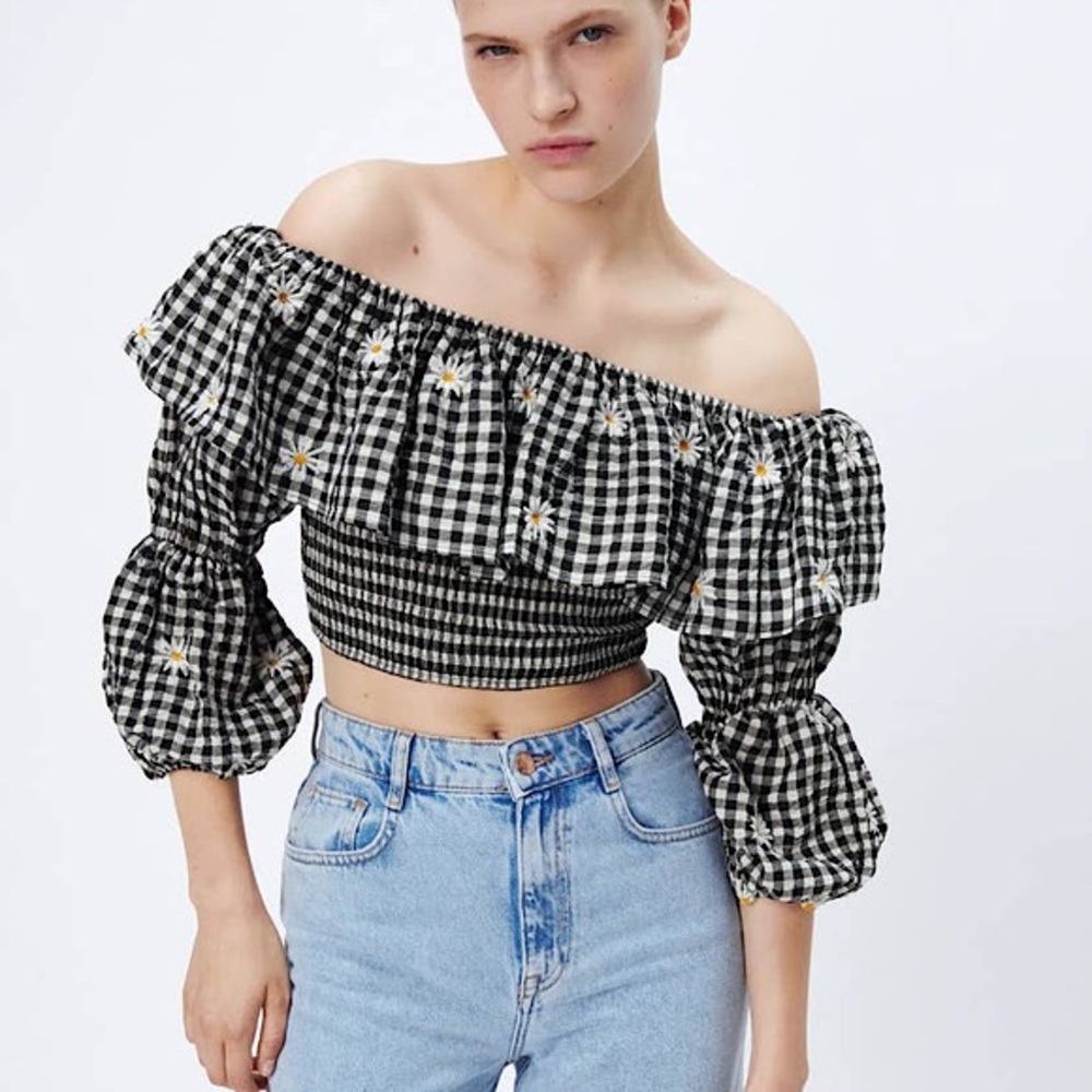 Zara Gingham Checkered Daisy Floral Off the Shoulder Retro Bohemian Crop Top New